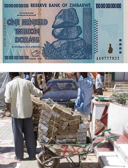 짐바브웨의 100조 달러짜리 지폐. 물건을 사기 위해 손수레에 돈을 싣고 가는 시민