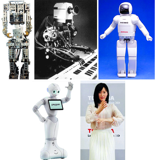 왼쪽 위부터 시계방향으로 와봇1, 와봇2, 아시모, 지히라 아이코, 페퍼. 사람의 감정을 인식하는 페퍼는 지난해 등장했고, 올해 초에는 30대 일본 여성의 모습을 한 로봇 지히라 아이코가 개발됐다. 각 제작사 홈페이지