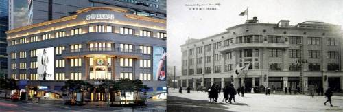 명동 신세계 본점(왼)과 일제강점기 당시 미츠코시 백화점(오)