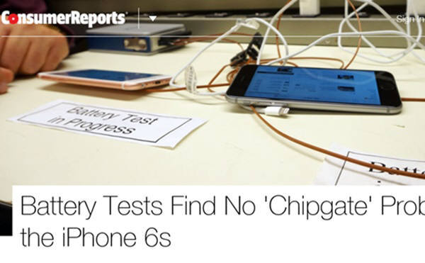 미국의 소비자잡지 컨슈머리포트가 최근 나도는 TSMC와 삼성에서 만든 A9칩을 적용한 아이폰6s사이의 성능차에 대해 무시할 수준이라며 `칩게이트는 없다`고 결론내렸다.사진은 이를 보도한 컨슈머리포트 보도기사 일부.