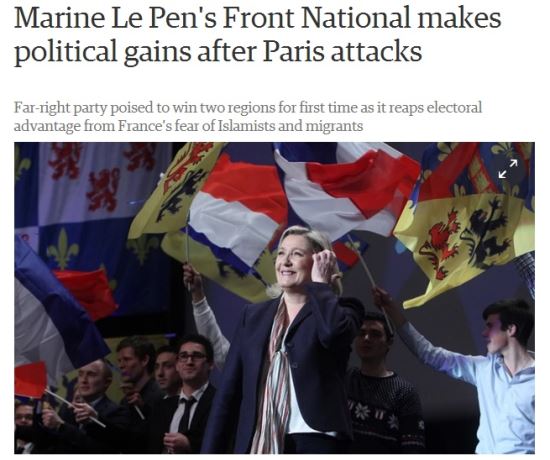 2일(현지시간) 마린 르펜 대표가 이끄는 국민전선(FN)의 약진을 보도한 영국 일간 가디언. (출처: 가디언 캡쳐)