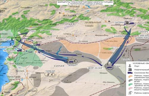 러시아 국방부가 주장한 이슬람국가(IS)의 대(對)터키 석유 수송로(화살표). 회색 띠로 표시된 시리아의 IS 통제 지역에서 터키로 수송로가 연결돼 있다.