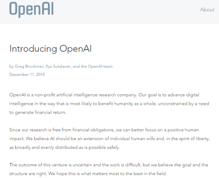 일론 머스크 테슬라 CEO가 실리콘밸리 인사들과 손잡고 비영리 인공지능회사 ‘오픈AI’를 창립하기로 했다. /오픈AI 홈페이지 캡처
