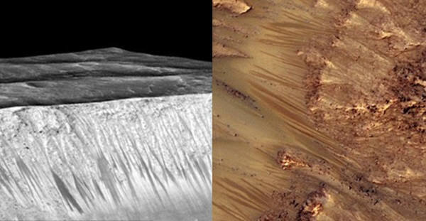 과학자들은 올 초 화성정찰궤도위성(MRO) 사진을 바탕으로 화성에 물이 흐르고 있는 것 같다는 결론을 내렸다. 사진=나사