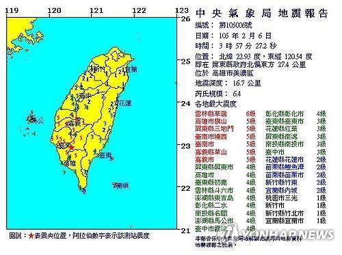 (상하이=연합뉴스) 6일 오전 4시께(현지시간) 대만 남부 가오슝에서 규모 6.4의 지진이 발생했다. 2016.2.6 << 대만 중앙기상대 웹사이트 캡처>>