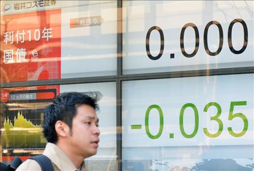 일본 10년 만기국채 수익률이 9일 한때 마이너스로 떨어졌다. 사진은 그에 앞서 이날 오전 0%를 기록했을 때의 전광판.(교도.연합뉴스)