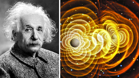 (왼쪽부터)알베르트 아인슈타인, 거대한 블랙홀 2개가 서로 충돌해 새로운 블랙홀로 거듭나는 과정에서 중력파가 생성되는 메커니즘을 미 항공우주국(NASA)이 3차원 영상으로 만들어낸 조감도/사진=NASA