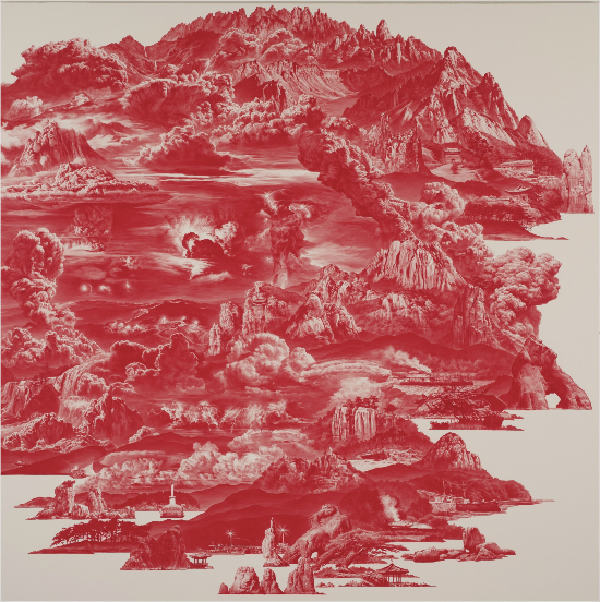 이세현, 붉은 산수-015AUG01, 2015, 리넨에 유채, 250×250cm (경기도미술관 제공)