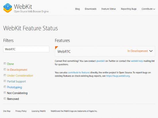 애플이 만드는 사파리 브라우저용 오픈소스 렌더링 엔진 웹킷 공식사이트에 웹RTC 표준 규격이 구현되고 있음을 뜻하는 항목이 추가됐다.
