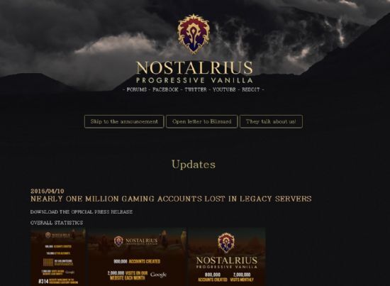 최근 폐쇄된 월드오브워크래프트의 가장 큰 사설 서버인 노스탈리우스.