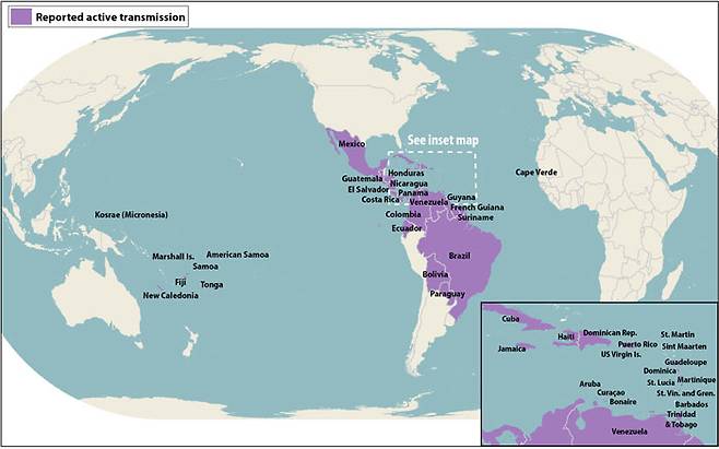 2016년 4월 기준 지카 바이러스 유행 지역 지도. 출처/ 미국 CDC