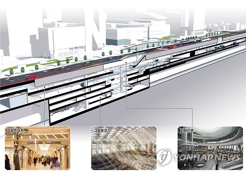 영동대로에 ‘광역복합환승센터’ 조성     (서울=연합뉴스) 서울시는 2호선 삼성역부터 9호선 봉은사역까지 영동대로 지하에 서울과 수도권을 잇는 6개 철도노선이 지나는 광역복합환승센터를 만든다고 2일 전했다.     통합철도역사와 함께 지하버스환승센터, 도심공항터미널, 주차장, 상업·공공문화시설이 들어서며 지하 6층 규모 국내 최대 지하도시가 생긴다.     서울시는 2일 기본구상안을 발표한 데 이어 기본계획을 수립하고 타당성 평가 등을 거쳐 연말에 광역복합환승센터 지정까지 마칠 계획이다. 사진은 영동대로 기본구상 조감도. [서울시 제공]
