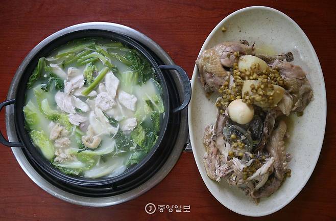 교래리 토종닭 집의 샤브샤브(왼쪽) 닭백숙(오른쪽)세트메뉴.