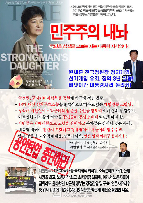 전북 군산에 거주하는 박성수씨가 제작해 전국에서 배포된 박근혜 대통령 비판 전단지의 일부.