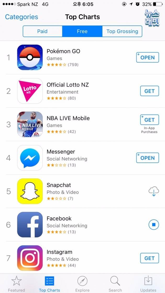 뉴질랜드 현지시간 11일 오후 기준 아이폰 앱 다운로드 순위 1위에 오른 포켓몬 고 = 뉴스래빗 독자 제공