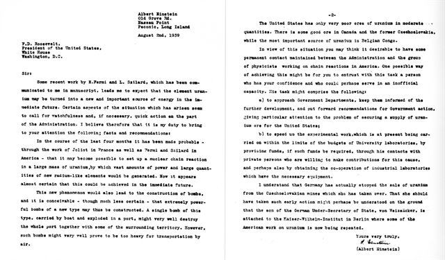 미국의 원자탄 개발을 촉구하는 아인슈타인이 서명한 첫 편지. 위키피디아