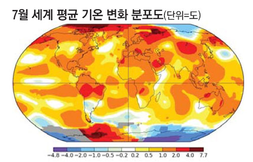 ※ 붉게 변한 곳일수록 온도가 많이 올라간 것을 의미함. 수치는 1950~1980년 7월 평균 기온 대비 변화치임. 자료 = NASA