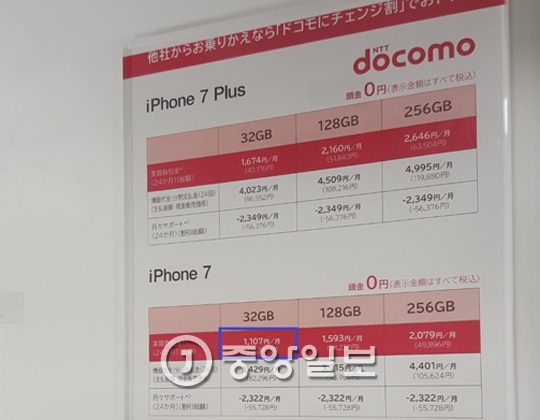 NTT도코모에서도 아이폰7을 최소 2만6568엔(약 28만원)에 구매할 수 있다.