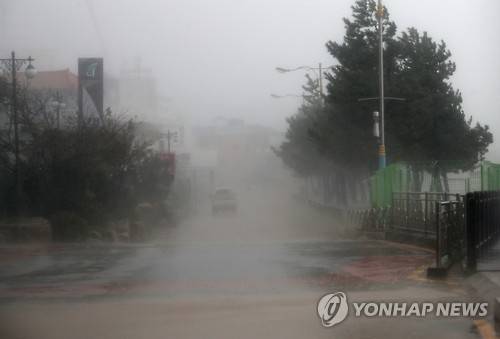 (울산=연합뉴스) 김용태 기자 = 5일 오전 제18호 태풍 '차바'의 영향으로 울산시 울주군 진하해변 앞 도로에 강한 비바람이 몰아치고 있다. 울산에는 오전 6시 30분을 기해 태풍경보가 내려졌다. 2016.10.5 yongtae@yna.co.kr