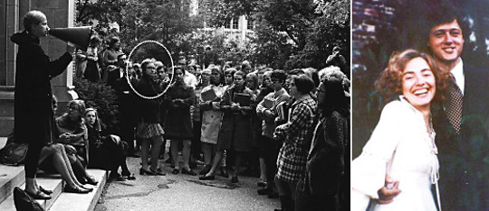 힐러리 클린턴 미국 민주당 대선 주자는 학창시절을 겪으면서 행동하는 진보주의자로서 자아를 굳혀 갔다. 사진은 1968년 웨슬리대 학내 시위 현장에 참여한 클린턴(흰색 동그라미 속 여성). 오른쪽 사진은 예일대 로스쿨에서 만난 빌 클린턴 전 대통령과의 1975년 결혼식 장면. 타임·웨슬리대·미국 대통령 자료실