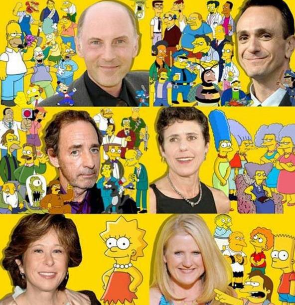 (왼쪽 위부터 시계방향으로) 성우 댄 카스텔라네타, 행크 아자리아, 해리 시어러, 줄리 카브너, 야들리 스미스, 낸시 카트라이트가 연기하는 심슨 캐릭터
