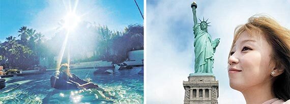 미국 캘리포니아에서 온천욕을 즐기고(왼쪽) 뉴욕 자유의 여신상 앞에서 환하게 웃고 있는 이현주씨.