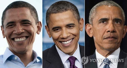 왼쪽부터 버락 오바마 미국 대통령의 2008년 8월, 2012년 3월, 2016년 9월 모습[AFP=연합뉴스]