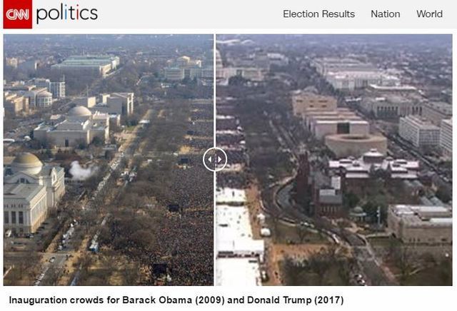 2009년 버락 오바마 대통령 취임식 당시 내셔널몰의 사진(왼쪽)과 2017년 1월20일 도널드 트럼프 대통령 취임식 내셔널몰의 모습. 빽빽했던 2009년과 듬성듬성한 이번 취임식이 확연하게 비교된다. 미국 <시엔엔>(CNN) 방송 누리집 갈무리