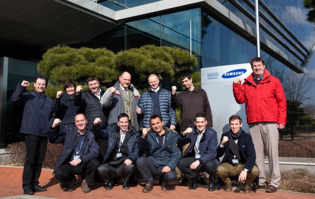 Hungarian engineers, who came to Korea in November for job training with Samsung SDI, pose outside the company’s plant in Ulsan. (Samsung SDI)