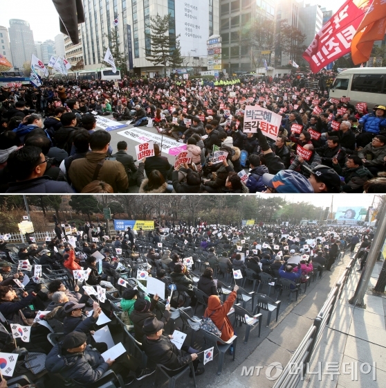 지난해 12월 서울 여의도에서 박근혜 대통령 퇴진을 요구하는 시위(사진 위)와 퇴진에 반대하는 시위가 동시에 벌어지고 있다. /사진=이동훈 기자