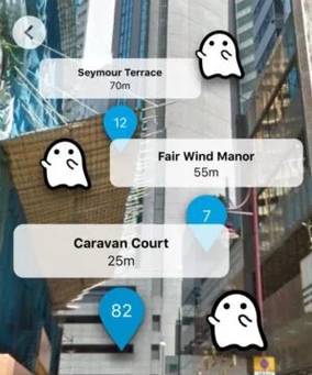 스패셔스는 스마트폰 카메라로 건물을 잡으면 사건이나 사고로 죽은 사람이 있을 경우 흰색 유령 캐릭터로 알려주는 모바일 앱 서비스다. 유령을 터치하면 어느 건물에서 누가 어떻게 죽었는지 알려주는 간단한 요약창이 뜬다. /스패셔스 홈페이지 제공