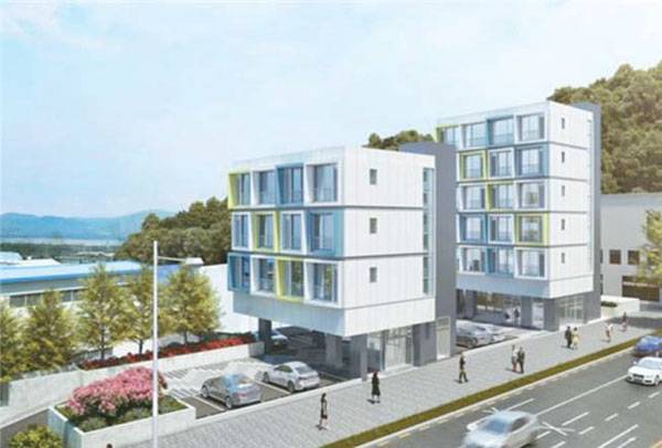 단위 주택 유닛을 여러 개 쌓아 올려 만든 실제 공공주택 조감도. 사진은 올 연말 서울 강서구 가양동에 들어설 국내 1호 공공주택 모듈러 건물.