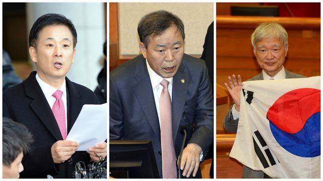 박근혜 대통령 변호인단 소속 유영하ㆍ김평우ㆍ서석구 변호사. 한국일보 자료사진