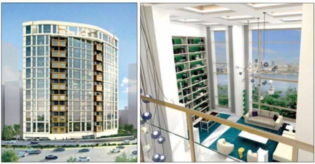 ‘더 펜트하우스 청담’ 조감도(왼쪽)와 복층 통유리로 꾸며진 거실.