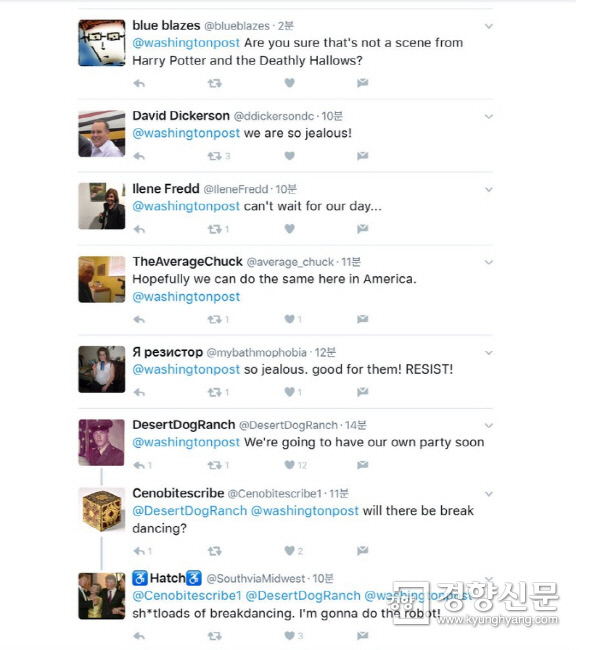 박근혜 전 대통령 탄핵 소식을 전하는 워싱턴포스트 트위터에 독자들이 보낸 답글들. 워싱턴포스트 트위터