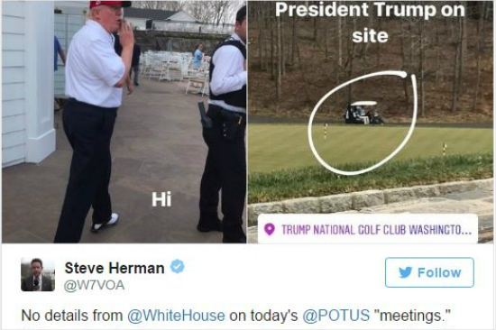 클럽하우스에서 회의중이라던 트럼프 대통령. 사진에서는 골프 복장에 카트 타고 이동 중 (트위터 캡쳐)