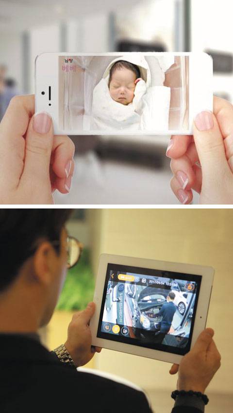 신생아용 CC(폐쇄회로)TV를 설치한 한 산후조리원이 스마트폰 전용앱(응용 프로그램)으로 신생아 모습을 실시간으로 보여주고 있다(위 사진). 기아자동차 정비 협력업체는 자동차 정비 과정 생중계 서비스를 제공하고 있다. /남양유업·SK브로드밴드