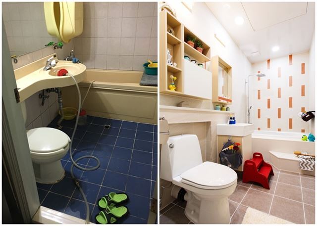 경기 김포의 20년 된 82㎡(25평) 아파트 욕실 리모델링 전(왼쪽)과 후. 곰팡이와 물때 천지였던 욕실이 사흘만에 변신했다. 대림 바스 모노 끌로에 라인.