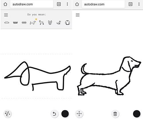 왼쪽은 사용자가 그린 그림, 오른쪽은 오토드로우가 제안한 그림 (사진=씨넷)