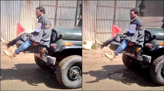 카슈미르 주도 스리나가르의 주민 파룩 아흐마드 다르가 9일 인도 군인의 군용차 앞에 묶여 있다. 유튜브 캡처