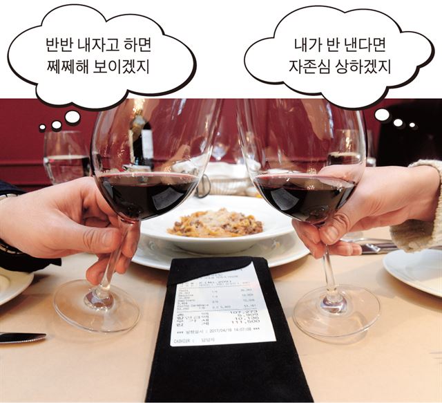 와인과 파스타 그리고 사랑이 곁들여진 테이블. 그런데 오늘의 데이트 비용은 누가 낼까? 18일 서울 서초동 레스토랑 태번38에서 연인들이 계산서를 사이에 둔 채 와인잔을 부딪치고 있다. 홍인기 기자