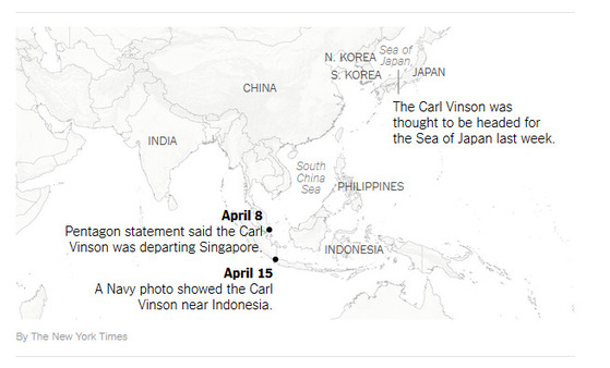 뉴욕타임스가 18일(현지시간) 홈페이지에 올린 기사에 등장하는 지도. 한반도와 일본 사이에 일본해(Sea of Japan)로 표기돼 있다.