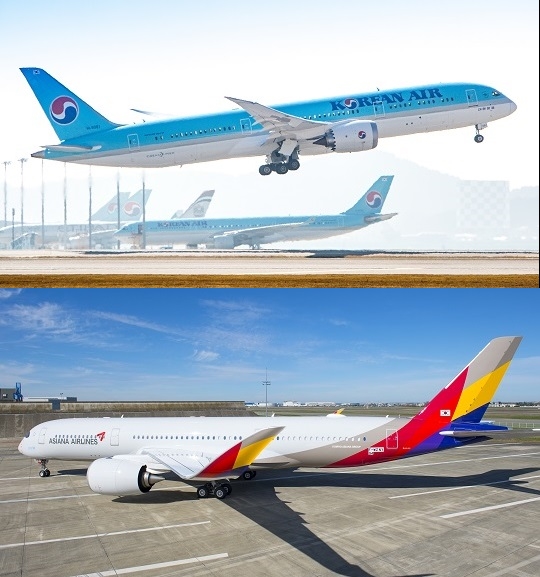 대한항공 보잉 787-9 항공기(위)와 아시아나항공 A350-900 항공기.ⓒ대한항공·아시아나항공