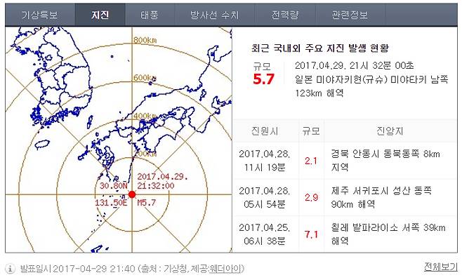 [속보] 일본 미야자키현 부근 해역서 규모 5.7 지진 - 사진=네이버 날씨 캡처