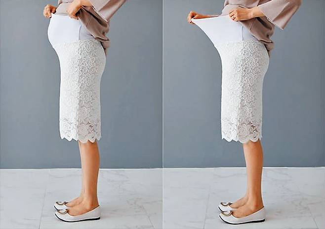 임부복 전문 온라인 쇼핑몰 ‘리얼마미’에서 베스트셀러로 꼽히는 H라인 레이스 스커트. 스판이 섞인 원단으로 만들어 임신 상태인 배를 도드라지게 한다. / 리얼마미