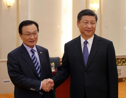 문재인 대통령의 중국 특사 이해찬 전 총리(왼쪽)가 19일 시진핑 중국 국가주석과 만나 악수하고 있다./베이징 공동취재단