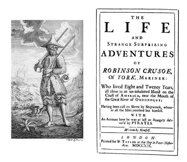 1719년 4월 출간된 <로빈슨 크루소> 초판. 지은이의 이름이 적혀 있지 않아 로빈슨 크루소란 실존 인물의 여행기라는 오해를 사기도 했다. 위키피디아