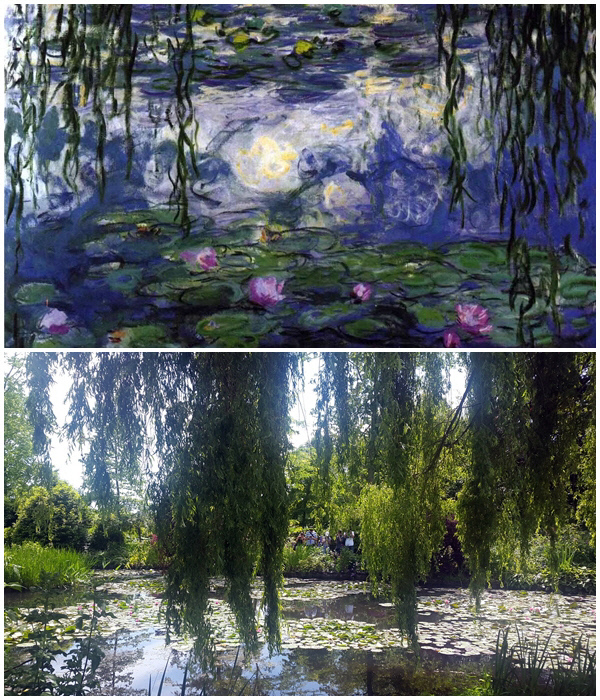 1916~1919년에 모네가 그린 수련.(위) 모네가 살았던 당시의 지베르니 정원에도 지금처럼 연못 주변에 버드나무 가지가 길게 드리워져 있었다.
