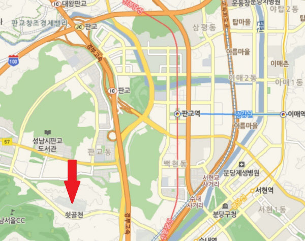 판교 더샵 퍼스트파크 위치(빨간 화살표). /네이버 지도