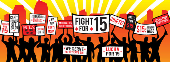 최저임금 시급 15달러를 요구하는 미국의 포스터.